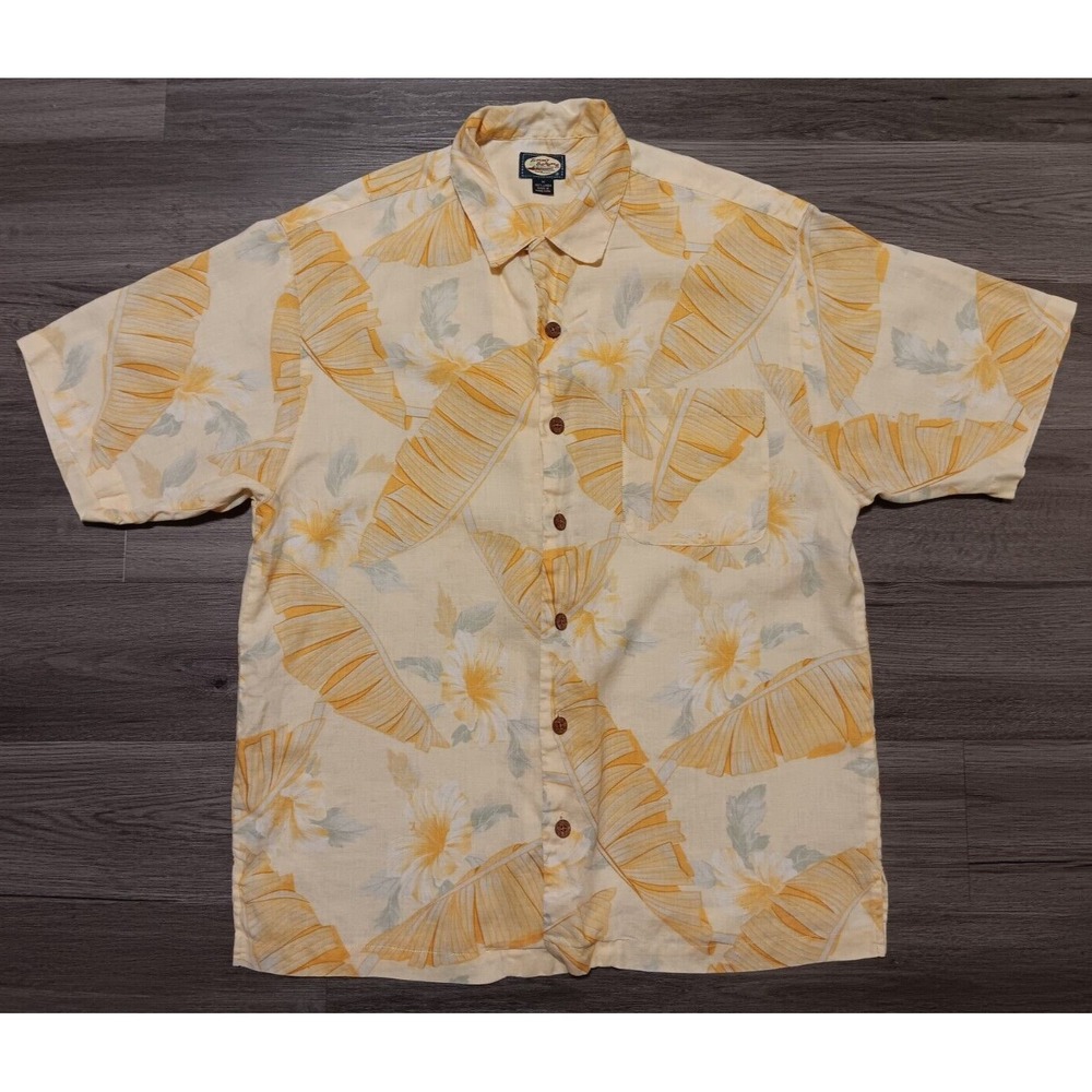 Tommy Bahama Men's Yellow Banana Leaf 100% Linen Hawaiian Shirt Size Medium